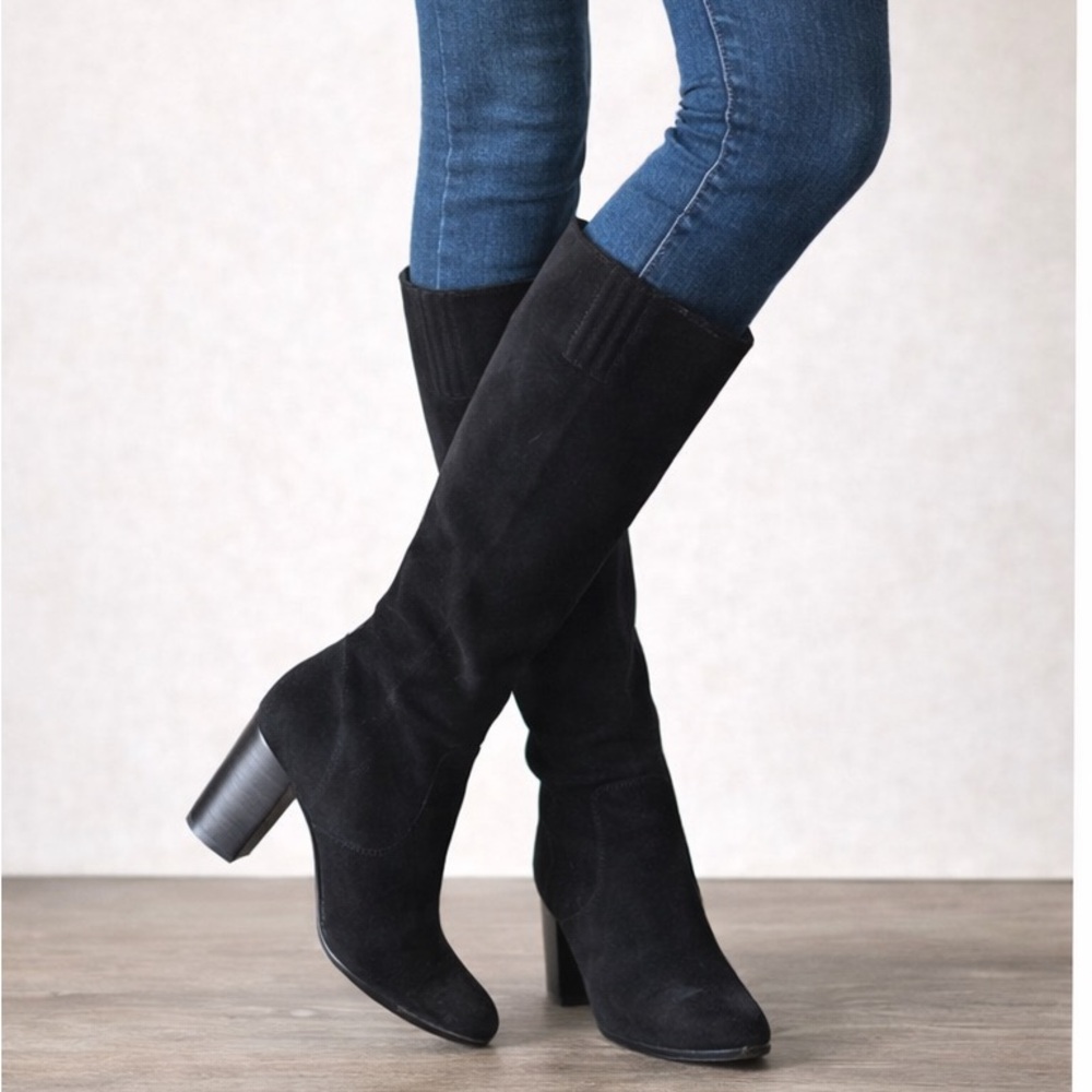 Michael Kors Black Suede Knee-High Boots Size 7M Block Heel Chic
